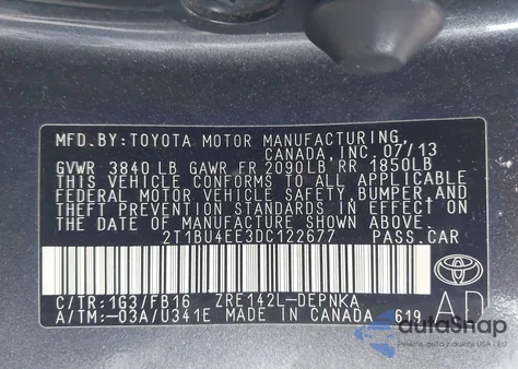 2013 Toyota Corolla S/Le from USA, damaged, VIN 2T1BU4EE3DC122677
